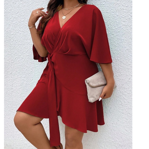 Plus solid Batwing Sleeve Ruffle Hem Mini Dress - Picture 8 of 10